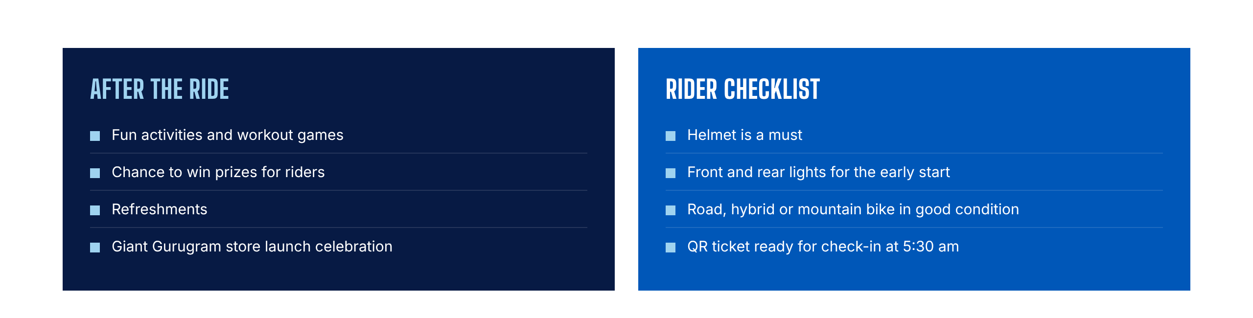 After the ride: fun activities and workout games, chance to win prizes, refreshments, store launch celebration. Rider checklist: helmet is a must, front and rear lights, bike in good condition, QR ticket ready for 5:30 am check-in